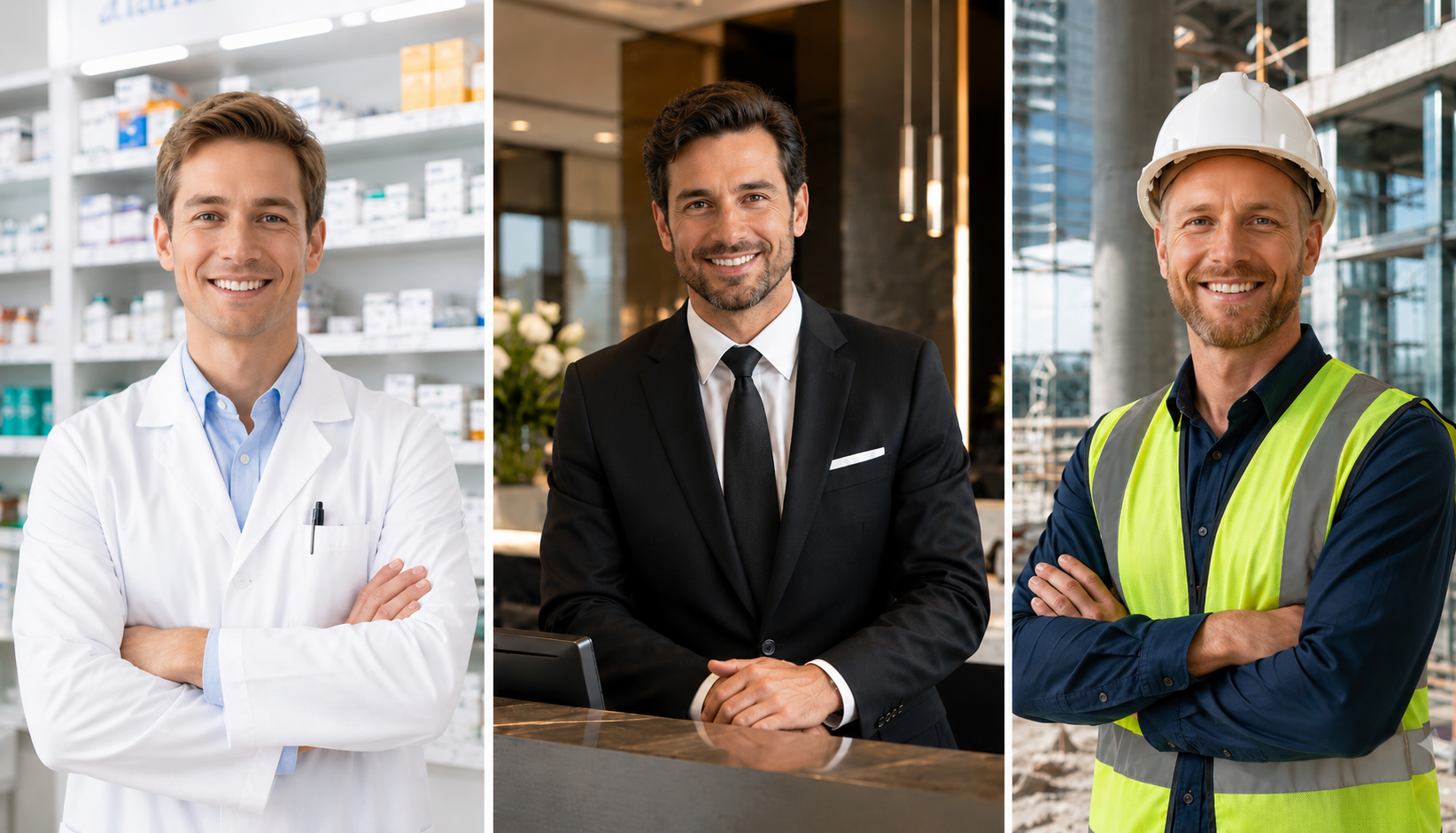 Professionisti di diversi contesti: farmacista, responsabile di hotel e operatore in cantiere/azienda