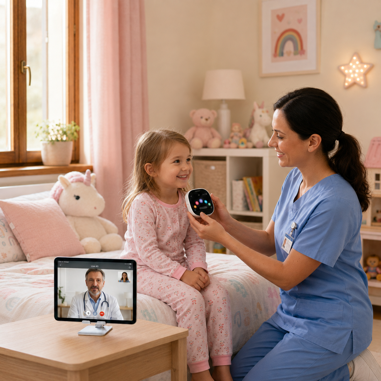 Infermiere effettua una visita pediatrica assistita a domicilio con TytoCare mentre il pediatra si collega in diretta sul tablet