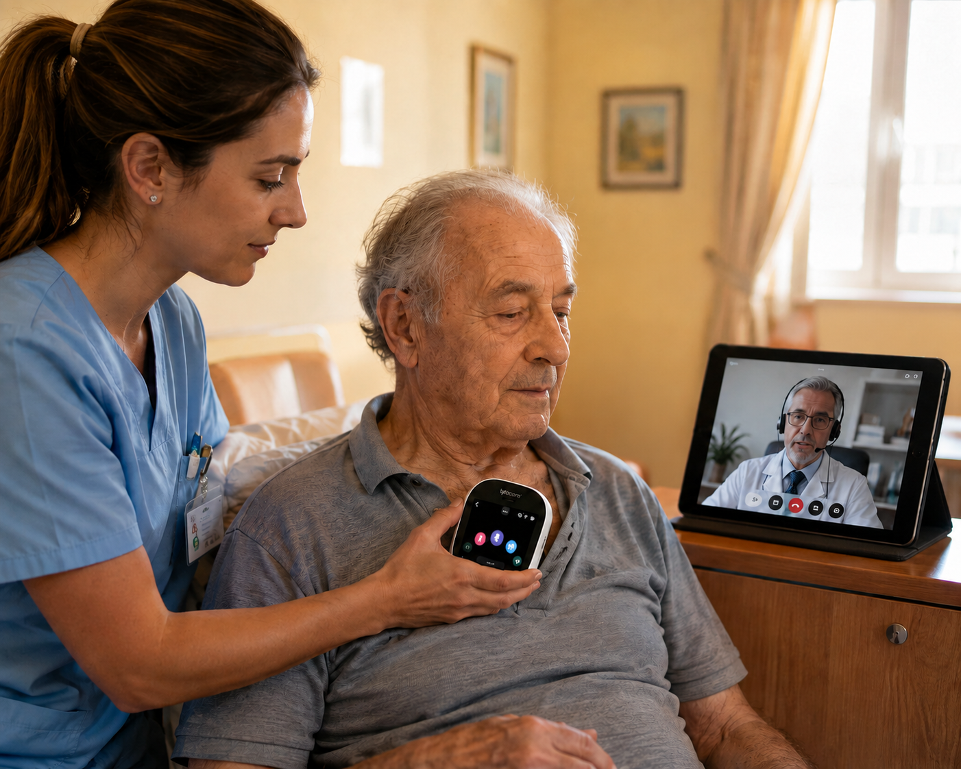 Infermiere in una struttura assiste un residente anziano con TytoCare mentre il medico si collega in diretta sul tablet