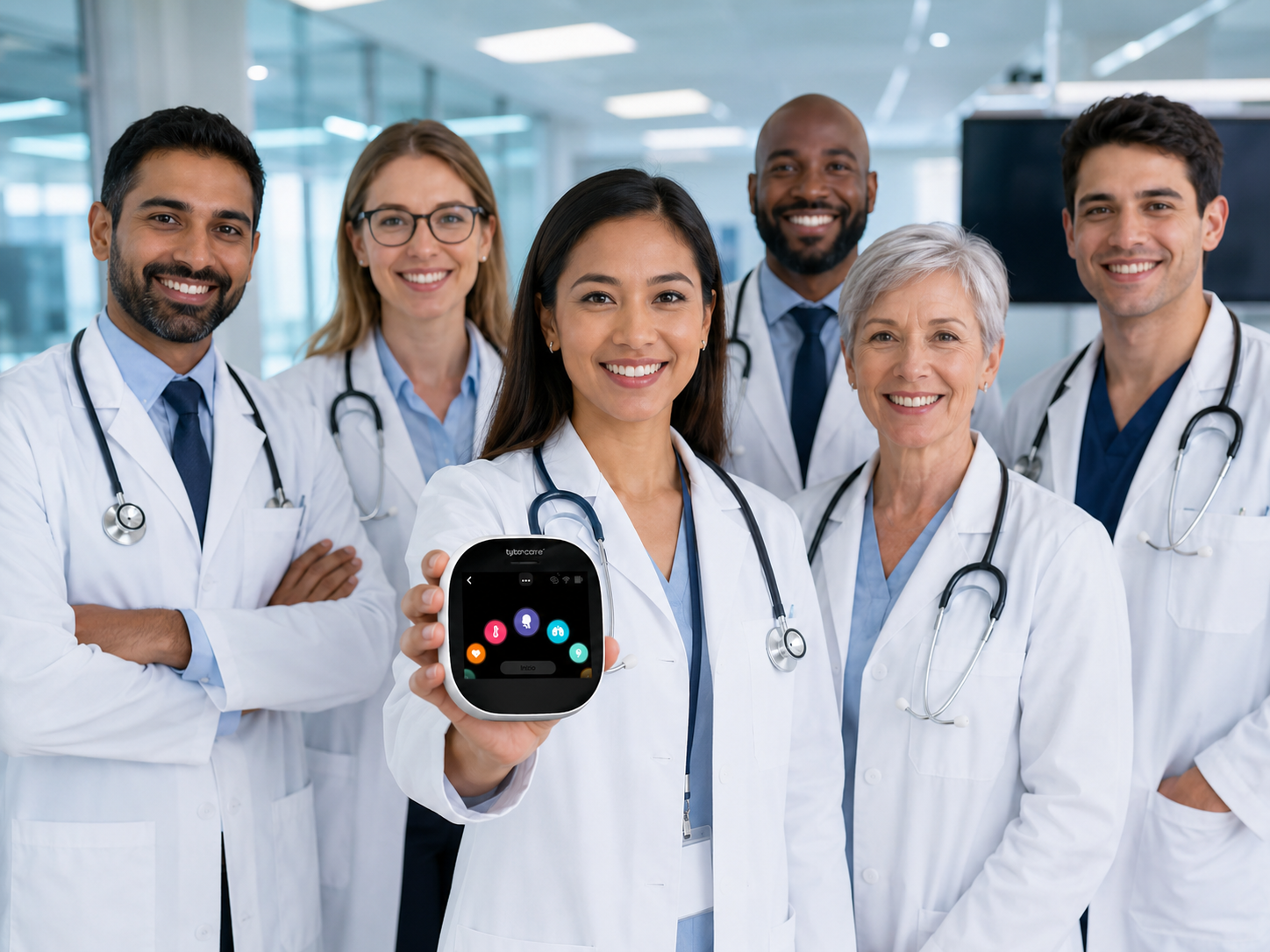 Team di medici generalisti e specialisti sorridenti che mostrano il dispositivo TytoCare