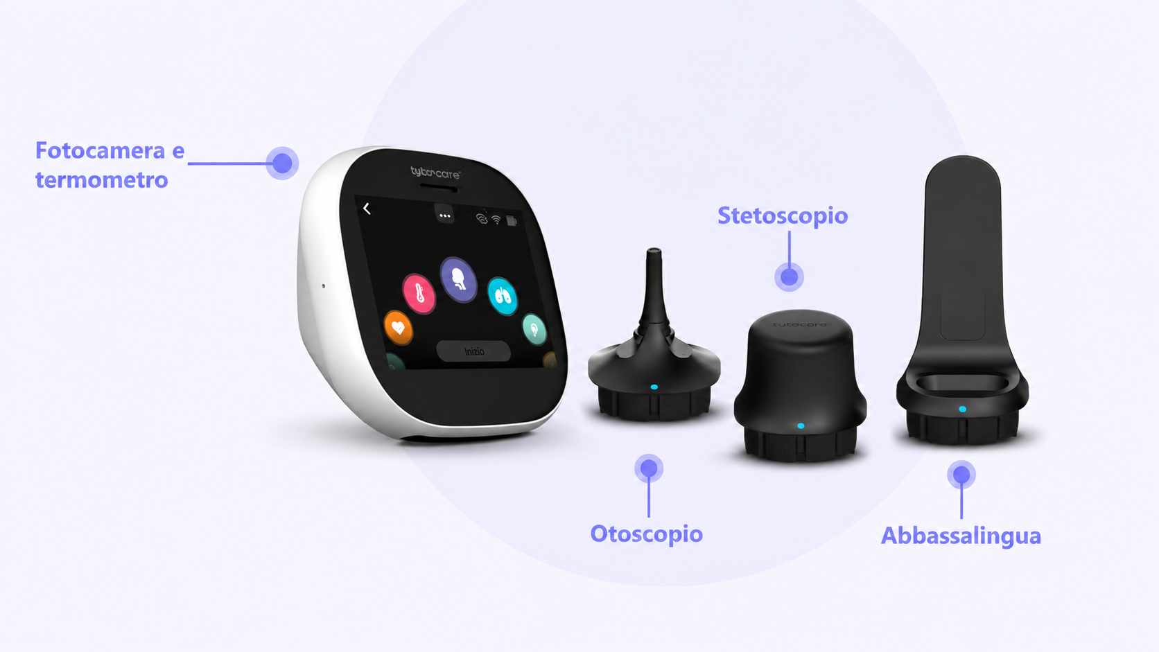 Dispositivo TytoCare con le sonde: fotocamera e termometro, otoscopio, stetoscopio e abbassalingua